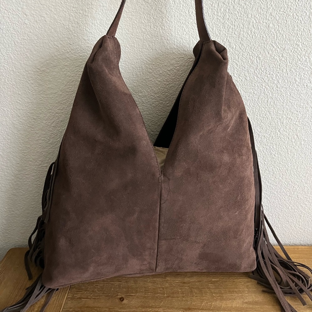 Divina Firenze Italian Leather Fringe Tassel Shoulder Hobo Bag - Brown - Picture 7 of 7